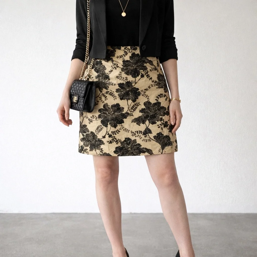 Ann Taylor 100% Silk Gold Black Floral Brocade Mini Skirt Evening‎ Party 4